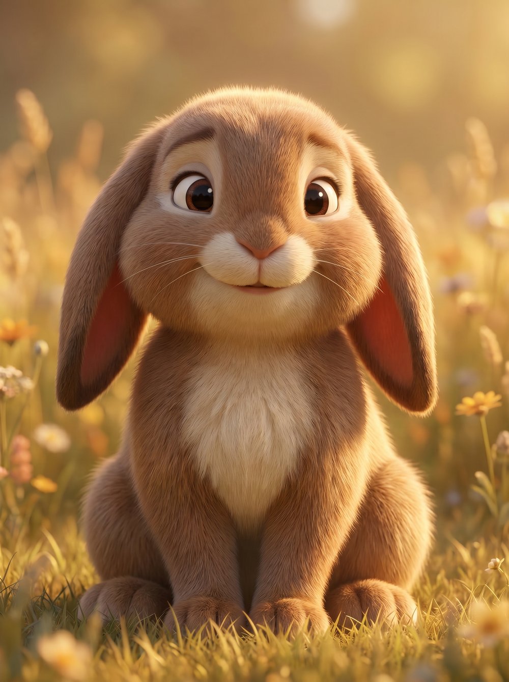 Portrait of Mama Mary, a warm brown bunny in golden evening light