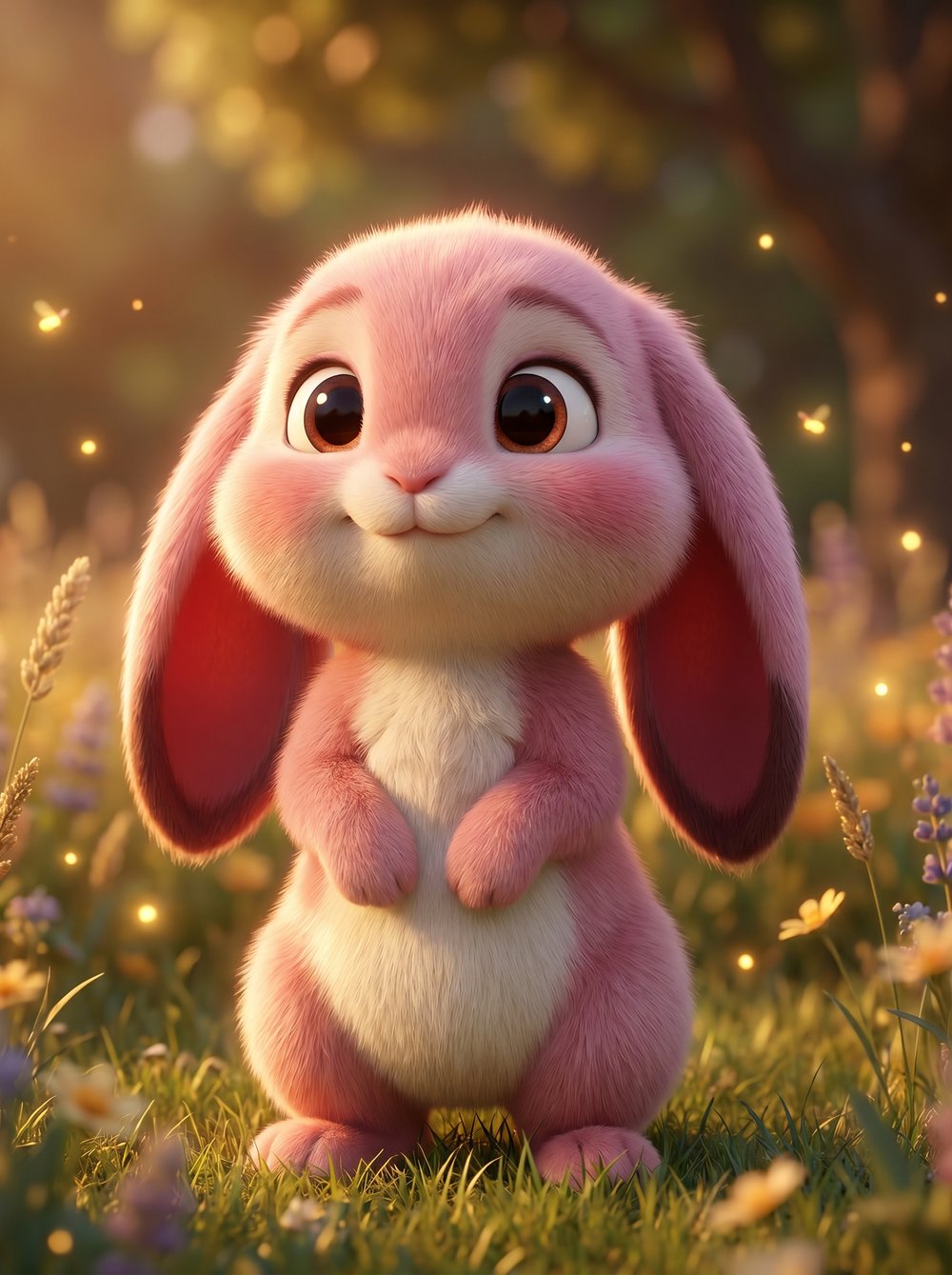 Portrait of RosaLee, a pink bunny wearing a daisy crown
