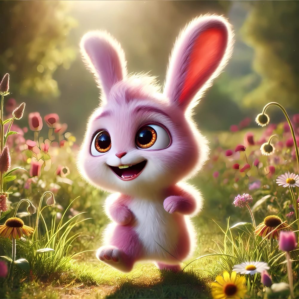 RosaLee hopping happily through a flower meadow